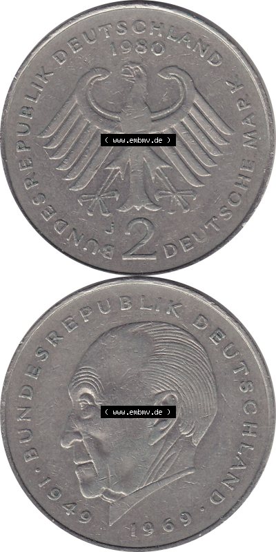2 DM, Deutsche Mark Münze mit Konrad Adenauer aus Deutschland 1980 J Sammlung