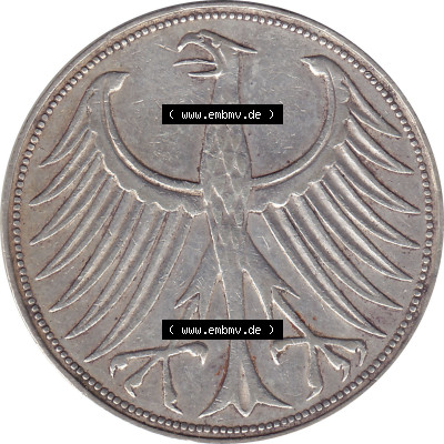 1951-1974, 5 DM aus Deutschland, 5 Deutsche Mark Silberadler, Heiermann 1956 Münzzeichen / Mzz. "F" für Stuttgart Sammlung