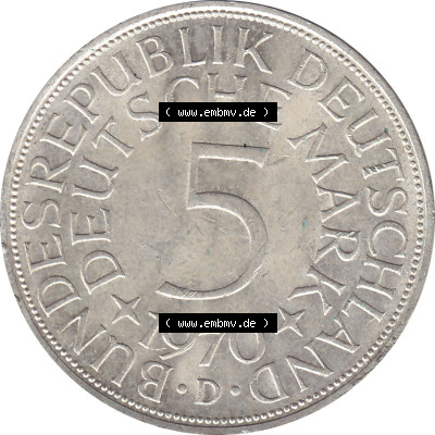 1951-1974, 5 DM aus Deutschland, 5 Deutsche Mark Silberadler, Heiermann 1970 Münzzeichen / Mzz. "D" für München Sammlung