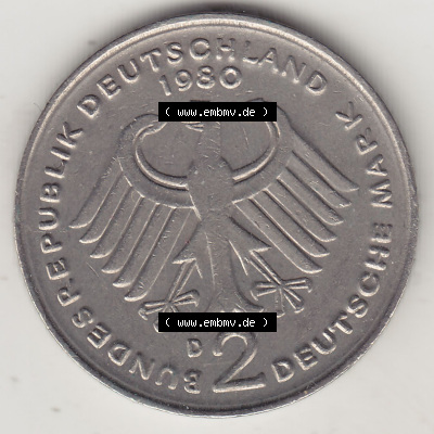 2 DM, Deutsche Mark Kurt Schumacher 1980 D-1 Sammlung