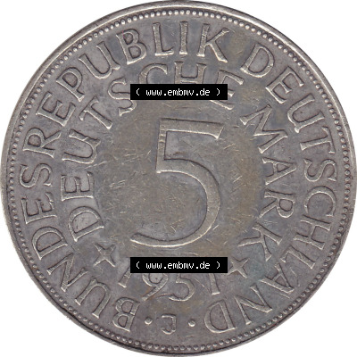 1951-1974, 5 DM aus Deutschland, 5 Deutsche Mark Silberadler, Heiermann 1951 Münzzeichen / Mzz. "J" für Hamburg Sammlung