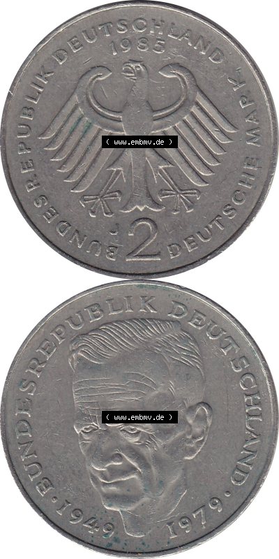 BRD Münzen 2 DM, Gedenkmünze 1979-1993, 2 DM, Deutsche Mark Kurt Schumacher 1985 J-1. Vorderseite und Rückseite mit Wert-Zahl... Sammlung