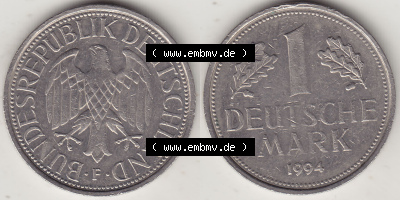 BRD Münzen 1 Deutsche Mark, Umlaufmünze 1950-2001, 1 DM Deutsche Mark, 1994 F-1. Münzen-Rückseite und Münzen-Vorderseite... Sammlung