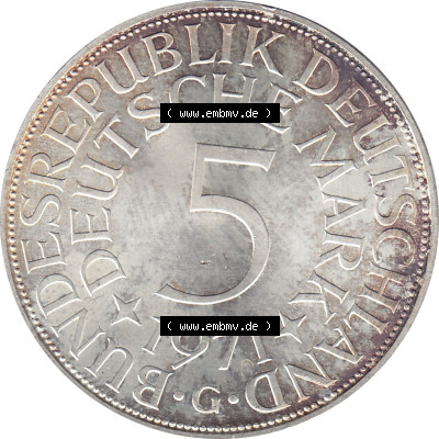 1951-1974, 5 DM aus Deutschland, 5 Deutsche Mark Silberadler, Heiermann 1971 Münzzeichen / Mzz. "G" für Karlsruhe Sammlung
