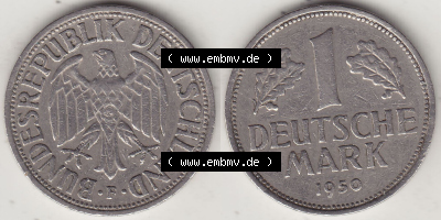 BRD Münzen 1 Deutsche Mark, Umlaufmünze 1950-2001, 1 DM Deutsche Mark, 1950 F-4. Münzen-Rückseite und Münzen-Vorderseite... Sammlung