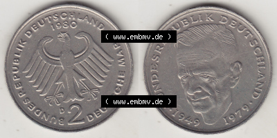 2 DM, Deutsche Mark Kurt Schumacher 1980 D-1 Sammlung