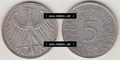 BRD Münzen Silbermünze 1951-1974, 5 DM, 5 Deutsche Mark Silberadler, Heiermann 1956 F-1. Vorderseite und Rückseite auf einen... Sammlung