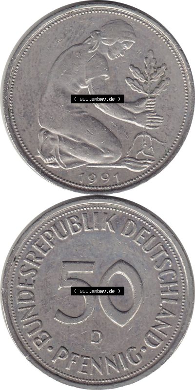 1950-2001, 50 Pfennig BRD Deutschland 1991 München mit Mzz. D Sammlung