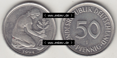 BRD Münzen 50 Pf. Umlaufmünze 1950-2001, 50 Pfennig 1994 F-1. Vorderseite und Rückseite mit Wert-Zahl auf einen Bild / Foto... Sammlung
