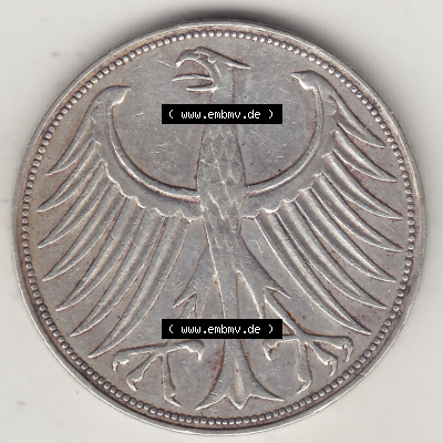 BRD Münzen Silbermünze 1951-1974, 5 DM, 5 Deutsche Mark Silberadler, Heiermann 1956 F-1. Vorderseite einer Silbermünze 5 DM,... Sammlung