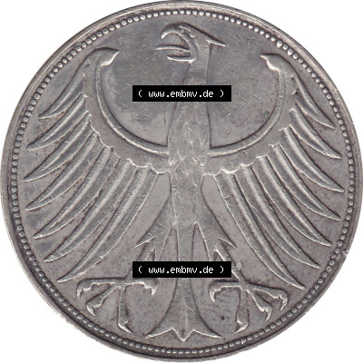 1951-1974, 5 DM aus Deutschland, 5 Deutsche Mark Silberadler, Heiermann 1951 Münzzeichen / Mzz. "J" für Hamburg Sammlung
