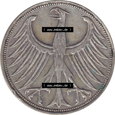 1951-1974, 5 DM aus Deutschland, 5 Deutsche Mark Silberadler, Heiermann 1960 Münzzeichen / Mzz. "J" für Hamburg Sammlung