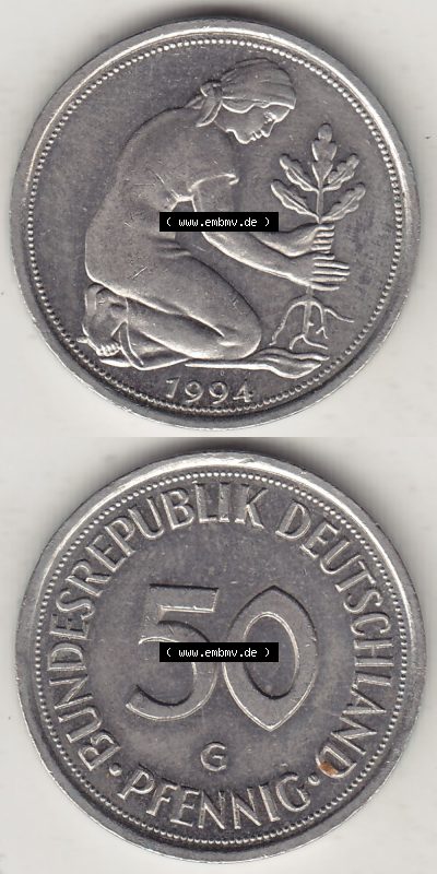 BRD Münzen 50 Pf. Umlaufmünze 1950-2001, 50 Pfennig 1994 G-1. Vorderseite und Rückseite auf einen Bild / Foto vertikal untereinander... Sammlung