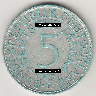 BRD Münzen Silbermünze 1951-1974, 5 DM, 5 Deutsche Mark Silberadler, Heiermann 1957 Münzzeichen / Mzz. "F" für Stuttgart -... Sammlung