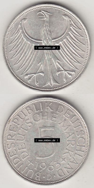 BRD Münzen Silbermünze 1951-1974, 5 DM, 5 Deutsche Mark Silberadler, Heiermann 1963 Münzzeichen / Mzz. "D" für München -... Sammlung