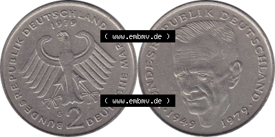 1979-1993, 2 DM, Deutsche Mark Kurt Schumacher Deutschland 1979 G Sammlung