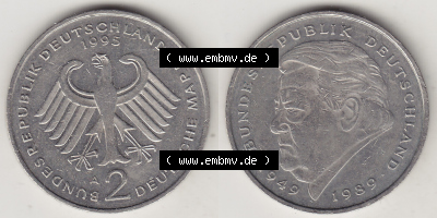 BRD Münzen 2 DM, Gedenkmünze 1991-2001, 2 DM, Deutsche Mark Franz Josef Strauß 1995 A-1. VS-RS auf einen Bild / Foto einer... Sammlung