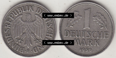 BRD Münzen 1 Deutsche Mark, Umlaufmünze 1950-2001, 1 DM Deutsche Mark, 1950 F-3. Münzen-Rückseite und Münzen-Vorderseite... Sammlung