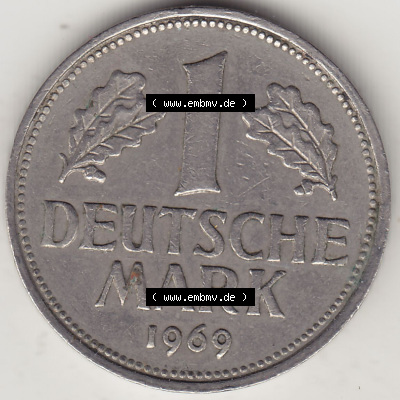 BRD Münzen 1 Deutsche Mark, Umlaufmünze 1950-2001, 1 DM Deutsche Mark, 1969 J-1. Münzen-Rückseite mit Nennwert / Nominalwert... Sammlung