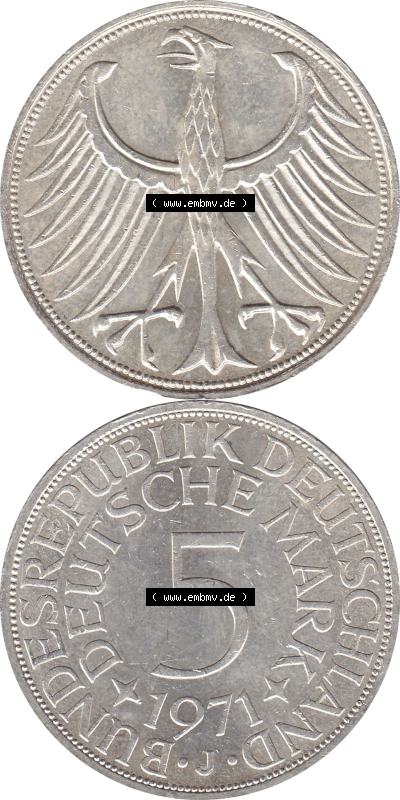 1951-1974, 5 DM aus Deutschland, 5 Deutsche Mark Silberadler, Heiermann 1971 Münzzeichen / Mzz. "J" für Hamburg Sammlung