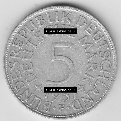 BRD Münzen Silbermünze 1951-1974, 5 DM, 5 Deutsche Mark Silberadler, Heiermann 1957 F-1. Rückseite auf einen Bild/Foto mit... Sammlung