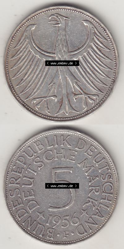 BRD Münzen Silbermünze 1951-1974, 5 DM, 5 Deutsche Mark Silberadler, Heiermann 1956 F-1. Vorderseite und Rückseite vom 5 DM... Sammlung