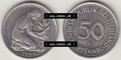 BRD Münzen 50 Pf. Umlaufmünze 1950-2001, 50 Pfennig 1994 G-1. Vorderseite und Rückseite mit Wert-Zahl auf einen Bild / Foto... Sammlung