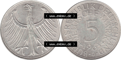 1951-1974, 5 DM aus Deutschland, 5 Deutsche Mark Silberadler, Heiermann 1963 Münzzeichen / Mzz. "D" für München Sammlung