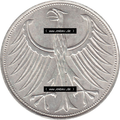 1951-1974, 5 DM aus Deutschland, 5 Deutsche Mark Silberadler, Heiermann 1963 Münzzeichen / Mzz. "D" für München Sammlung