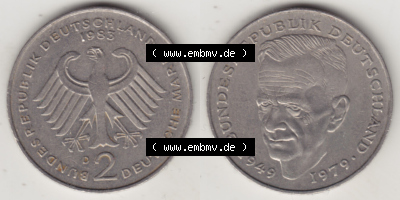 2 DM, Deutsche Mark Kurt Schumacher 1983 D-1 Sammlung