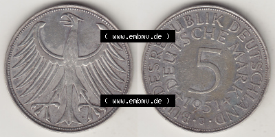BRD Münzen Silbermünze 1951-1974, 5 DM, 5 Deutsche Mark Silberadler, Heiermann 1951 J-1. Vorderseite und Rückseite auf einen... Sammlung