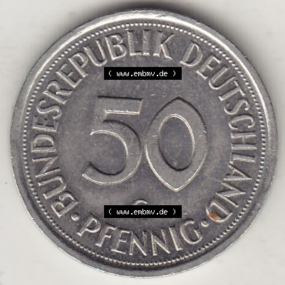 BRD Münzen 50 Pf. Umlaufmünze 1950-2001, 50 Pfennig 1994 G-1. Rückseite mit Wert-Zahl der digitalisierten 50 Pfennig G, mit... Sammlung