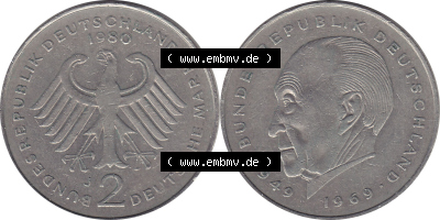 2 DM, Deutsche Mark Münze mit Konrad Adenauer aus Deutschland 1980 J Sammlung