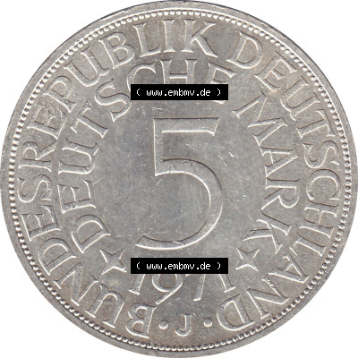 1951-1974, 5 DM aus Deutschland, 5 Deutsche Mark Silberadler, Heiermann 1971 Münzzeichen / Mzz. "J" für Hamburg Sammlung