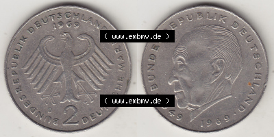 BRD Münzen 2 DM, Gedenkmünze 1969-1987, 2 DM, Deutsche Mark Konrad Adenauer 1969 D-1. VS-RS auf einen Bild / Foto einer 2 DM,... Sammlung