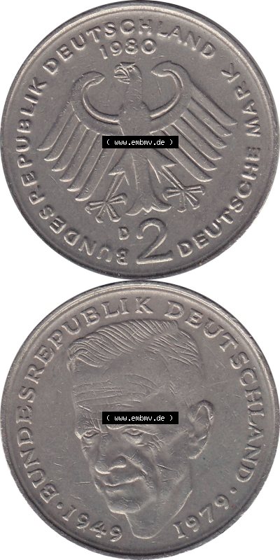 1979-1993, 2 DM, Deutsche Mark Kurt Schumacher 1980 D Sammlung