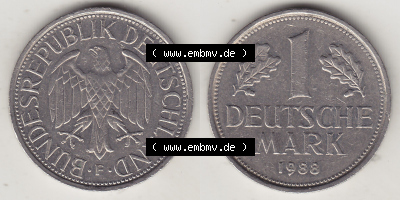 BRD Münzen 1 Deutsche Mark, Umlaufmünze 1950-2001, 1 DM Deutsche Mark, 1988 F-1. Münzen-Rückseite und Münzen-Vorderseite... Sammlung