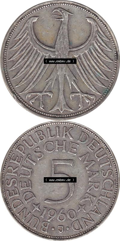 1951-1974, 5 DM aus Deutschland, 5 Deutsche Mark Silberadler, Heiermann 1960 Münzzeichen / Mzz. "J" für Hamburg Sammlung