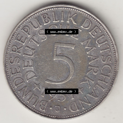 BRD Münzen Silbermünze 1951-1974, 5 DM, 5 Deutsche Mark Silberadler, Heiermann 1951 J-1. Rückseite auf einen Bild/Foto mit... Sammlung