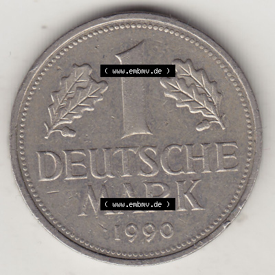 BRD Münzen 1 Deutsche Mark, Umlaufmünze 1950-2001, 1 DM Deutsche Mark, 1990 D-2. Münzen-Rückseite mit Nennwert / Nominalwert... Sammlung