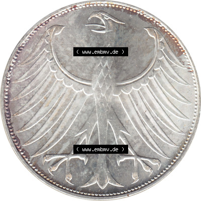 1951-1974, 5 DM aus Deutschland, 5 Deutsche Mark Silberadler, Heiermann 1971 Münzzeichen / Mzz. "G" für Karlsruhe Sammlung