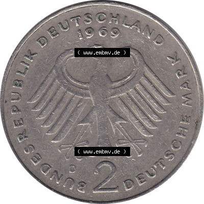 2 DM, Deutsche Mark Münze mit Konrad Adenauer aus Deutschland 1969 D Sammlung