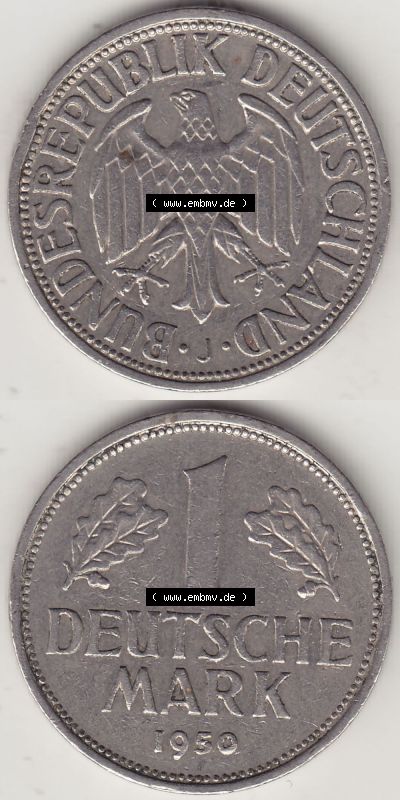 BRD Münzen 1 Deutsche Mark, Umlaufmünze 1950-2001, 1 DM Deutsche Mark, 1950 J-5. Münzen-Rückseite und Münzen-Vorderseite... Sammlung