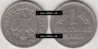 BRD Münzen 1 Deutsche Mark, Umlaufmünze 1950-2001, 1 DM Deutsche Mark, 1950 G-1. Münzen-Rückseite und Münzen-Vorderseite... Sammlung