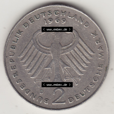 BRD Münzen 2 DM, Gedenkmünze 1969-1987, 2 DM, Deutsche Mark Konrad Adenauer 1969 D-1. Vorderseite einer 2 DM, 2 Deutsche Mark... Sammlung