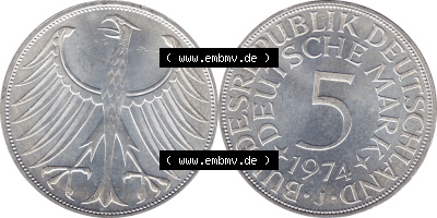 1951-1974, 5 DM aus Deutschland, 5 Deutsche Mark Silberadler, Heiermann 1974 Münzzeichen / Mzz. "J" für Hamburg Sammlung