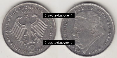 BRD Münzen 2 DM, Gedenkmünze 1991-2001, 2 DM, Deutsche Mark Franz Josef Strauß 1991 A-1. VS-RS auf einen Bild / Foto einer... Sammlung