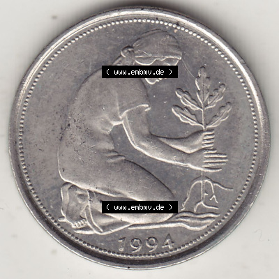 BRD Münzen 50 Pf. Umlaufmünze 1950-2001, 50 Pfennig 1994 J-1. Vorderseite der digitalisierte 50 Pfennig J, mit Mzz. J für Hamburg... Sammlung