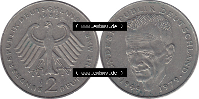 BRD Münzen 2 DM, Gedenkmünze 1979-1993, 2 DM, Deutsche Mark Kurt Schumacher 1985 J-1. Vorderseite und Rückseite mit Wert-Zahl... Sammlung