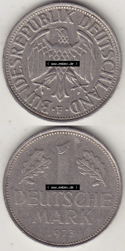 BRD Münzen 1 Deutsche Mark, Umlaufmünze 1950-2001, 1 DM Deutsche Mark, 1973 F-2. Münzen-Rückseite und Münzen-Vorderseite... Sammlung